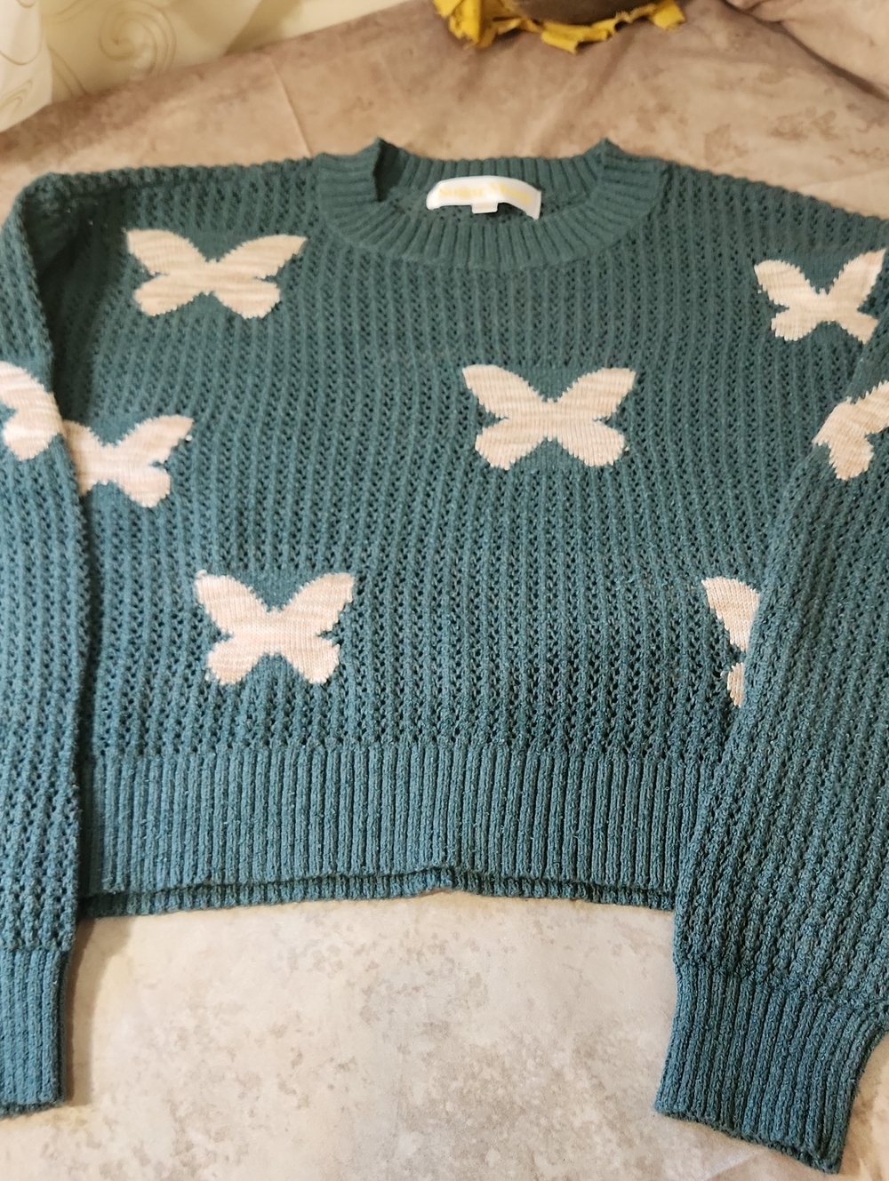 Sugar Teal Knit Sweater with Cream Butterfly Motif